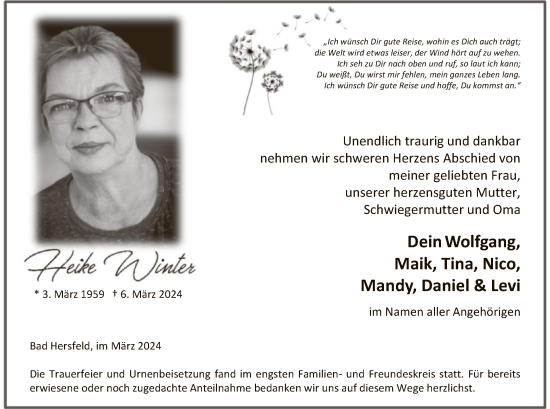 Todesanzeige von Heike Winter von HZ