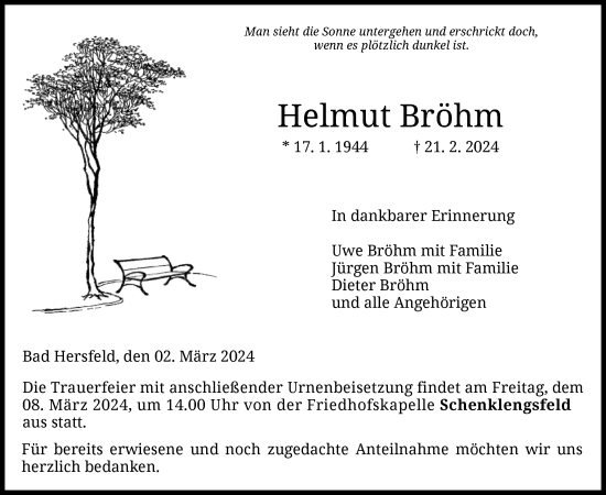 Todesanzeige von Helmut Bröhm von HZ