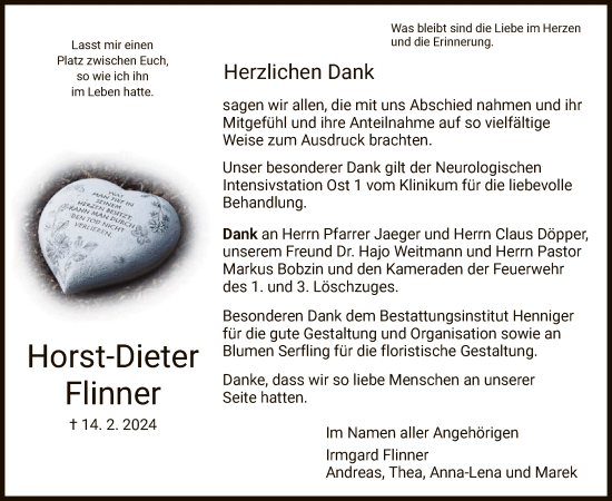 Todesanzeige von Horst-Dieter Flinner von HZHNA