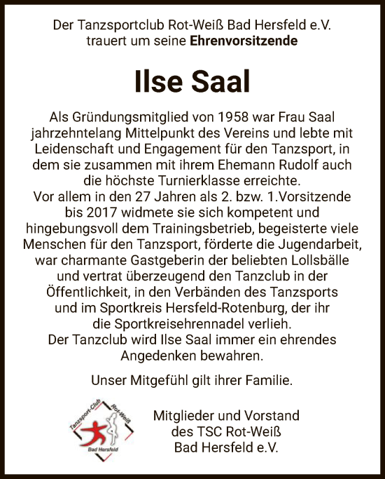 Todesanzeige von Ilse Saal von HZ