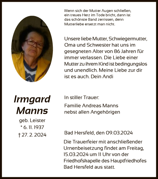 Todesanzeige von Irmgard Manns von HZHNA