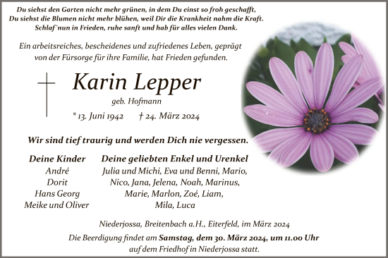 Todesanzeige von Karin Lepper von HZ