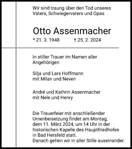 Todesanzeige von Otto Assenmacher von HZ