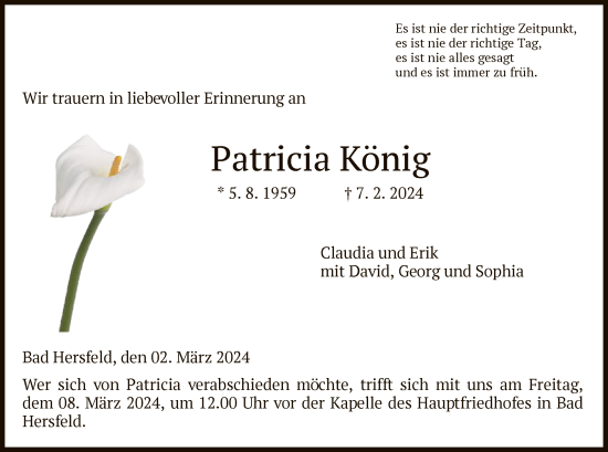 Todesanzeige von Patricia König von HZ