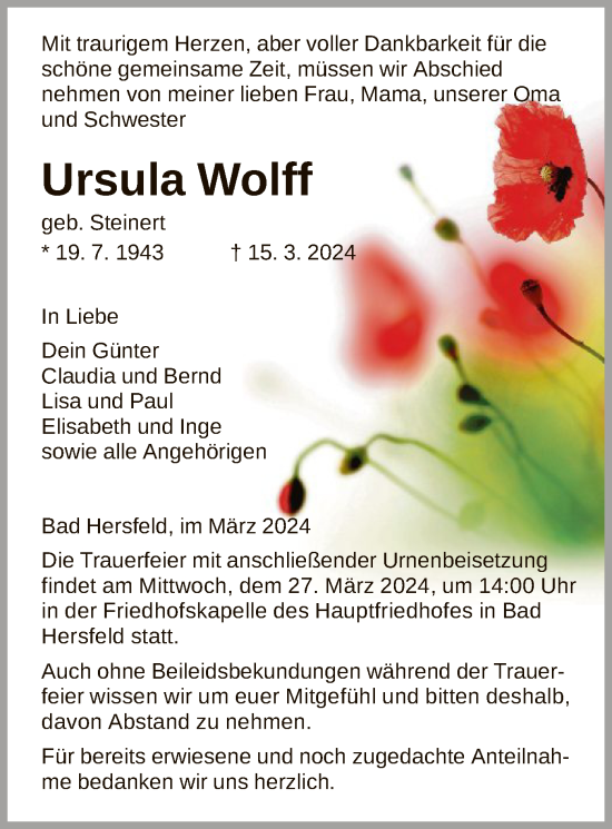 Todesanzeige von Ursula Wolff von HZ