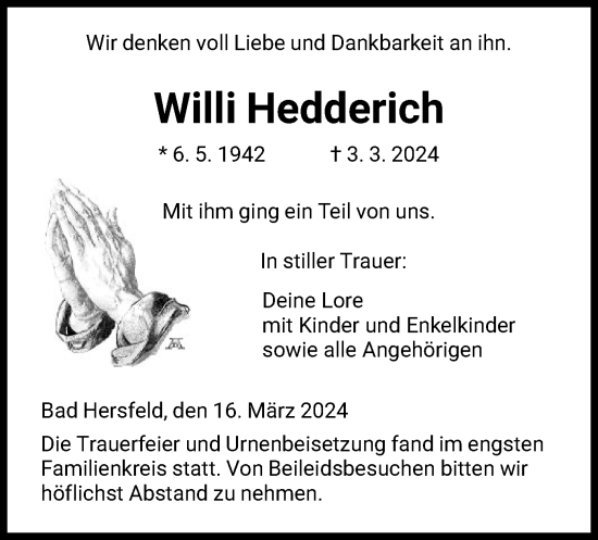 Todesanzeige von Willi Hedderich von HZ