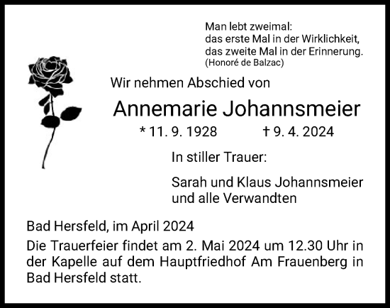Todesanzeige von Annemarie Johannsmeier von HZ