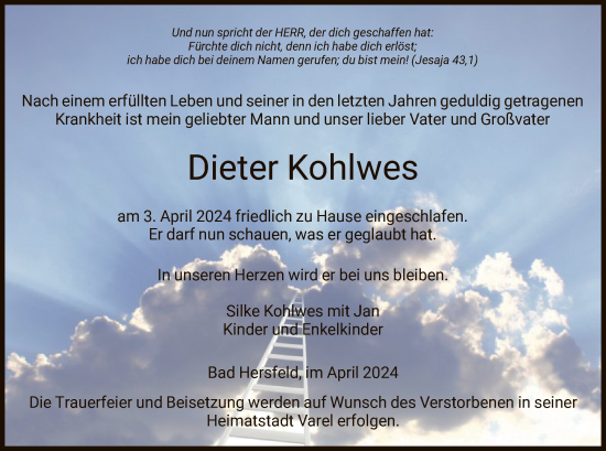 Todesanzeige von Dieter Kohlwes von HZ