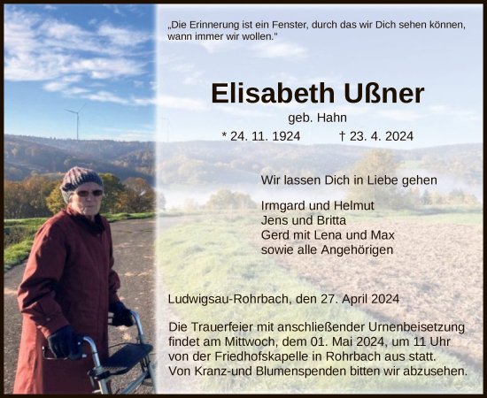 Todesanzeige von Elisabeth Ußner von HZ
