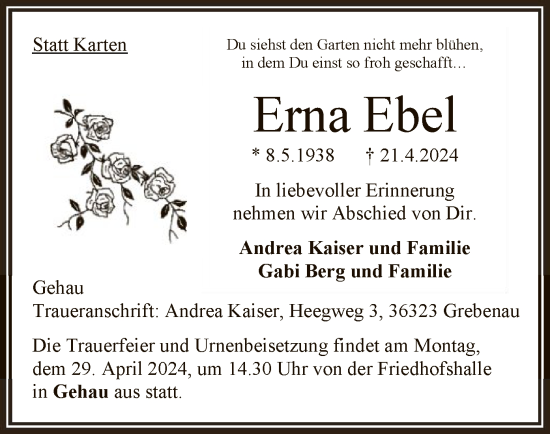 Todesanzeige von Erna Ebel von HZ
