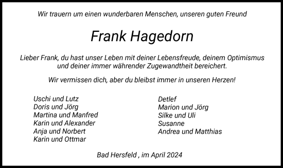 Todesanzeige von Frank Hagedorn von HZ