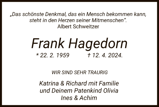 Todesanzeige von Frank Hagedorn von HZ