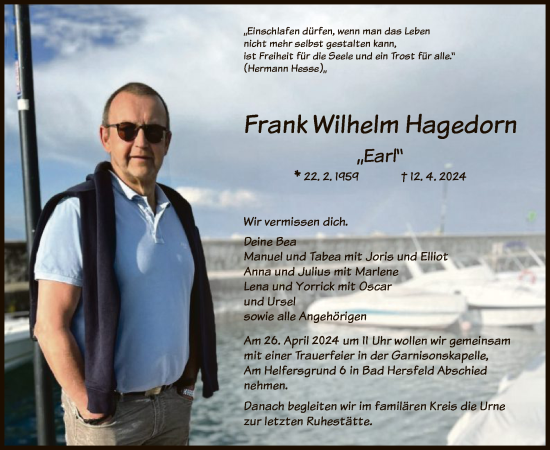 Todesanzeige von Frank Wilhelm Hagedorn von HZHNA