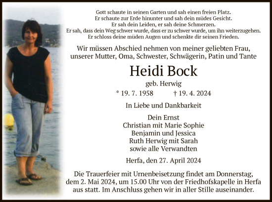 Todesanzeige von Heidi Bock von HZ