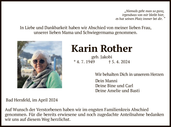 Todesanzeige von Karin Rother von HZ