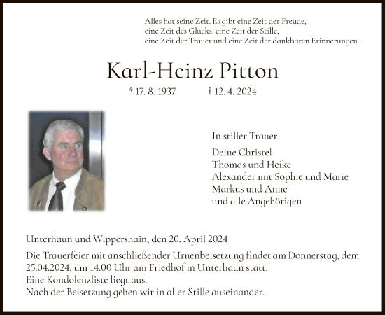 Todesanzeige von Karl-Heinz Pitton von HZ