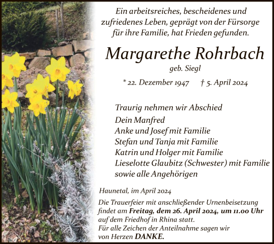 Todesanzeige von Margarethe Rohrbach von HZ