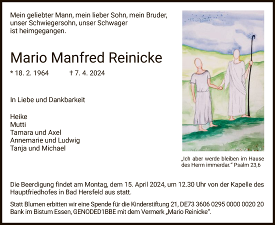 Todesanzeige von Mario Manfred Reinicke von HZ