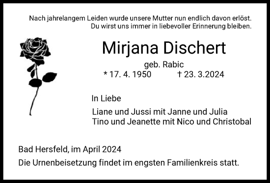 Todesanzeige von Mirjana Dischert von HZHNA