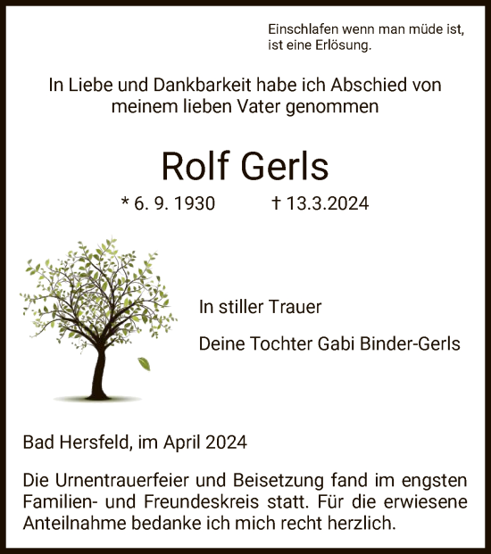 Todesanzeige von Rolf Gerls von HZ