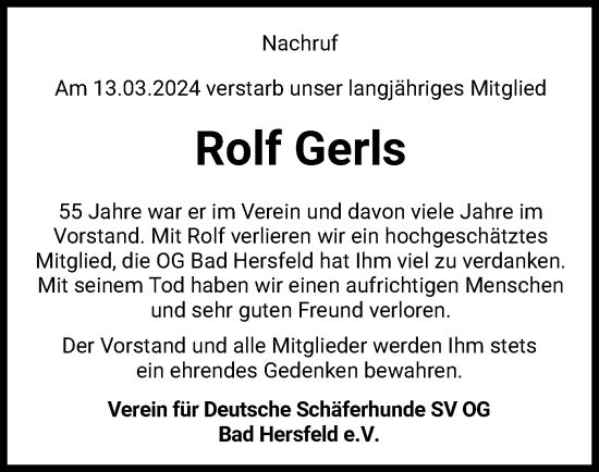 Todesanzeige von Rolf Gerls von HZ