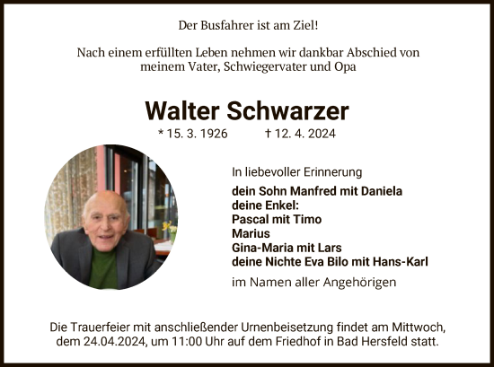 Todesanzeige von Walter Schwarzer von HZ