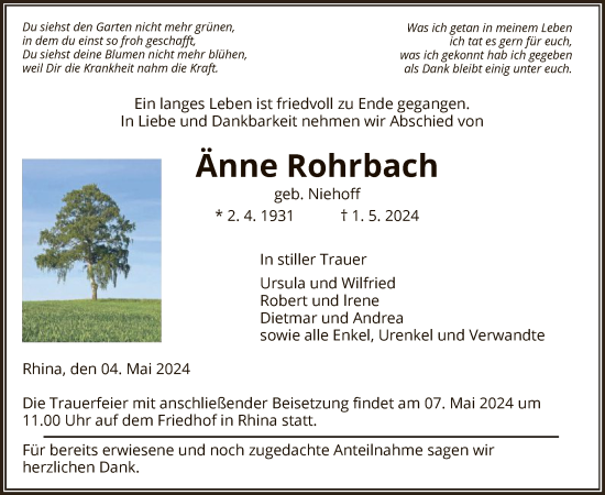 Todesanzeige von Änne Rohrbach von HZ