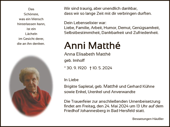 Todesanzeige von Anna Elisabeth Matthe von HZ