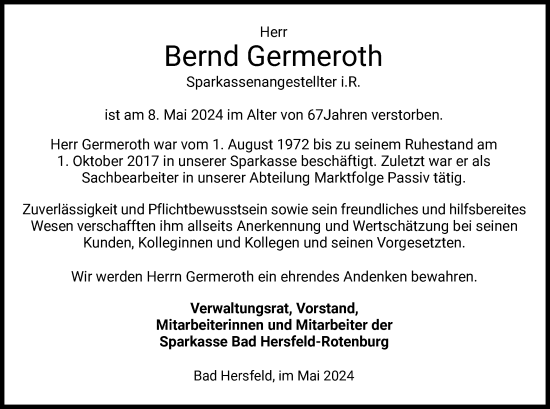 Todesanzeige von Bernd Germeroth von HZ