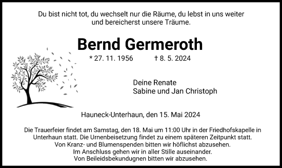 Todesanzeige von Bernd Germeroth von HZ