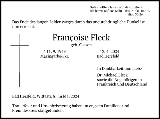 Todesanzeige von Francoise Fleck von HZ