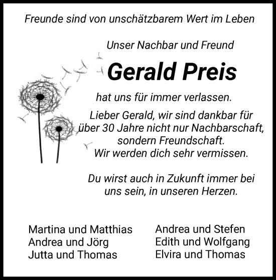 Todesanzeige von Gerald Preis von HZ
