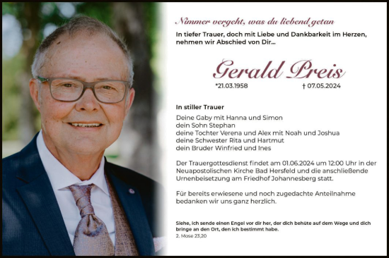 Todesanzeige von Gerald Preis von HZ