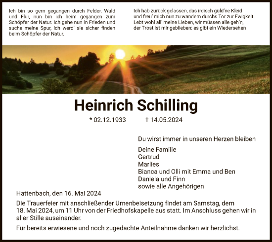 Todesanzeige von Heinrich Schilling von HZ