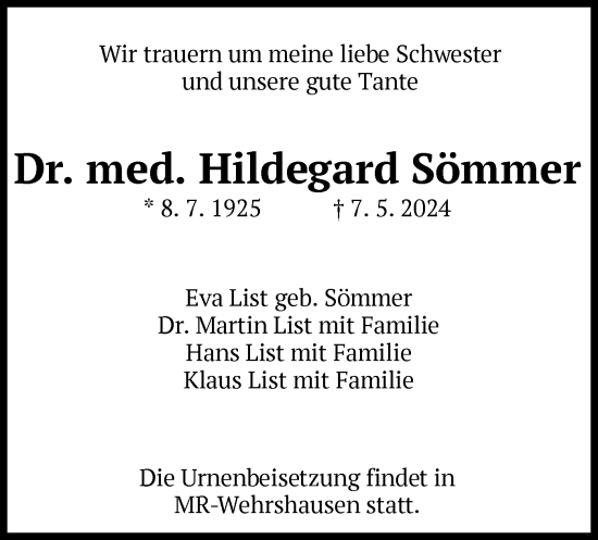 Todesanzeige von Hildegard Sömmer von HZ