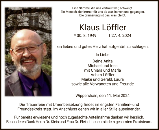 Todesanzeige von Klaus Löffler von HZ