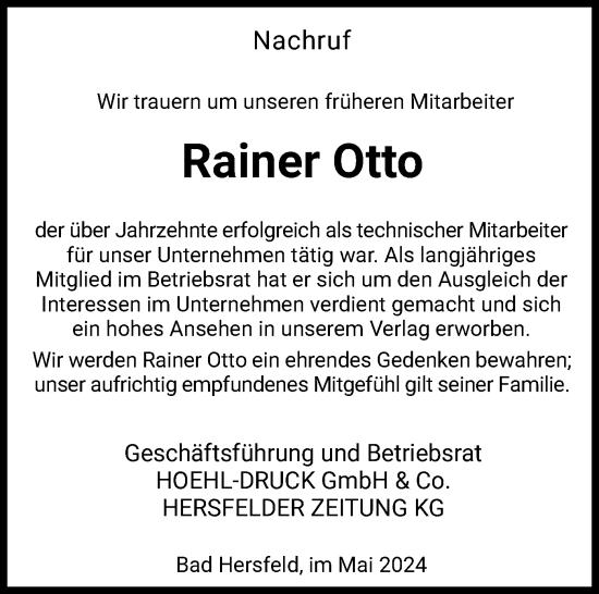 Todesanzeige von Rainer Otto von HZ