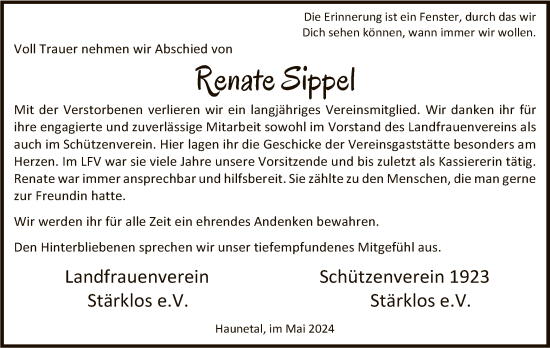Todesanzeige von Renate Sippel von HZ