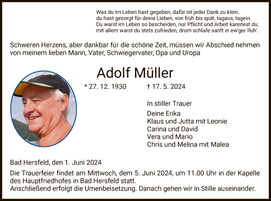 Todesanzeige von Adolf Müller von HZ