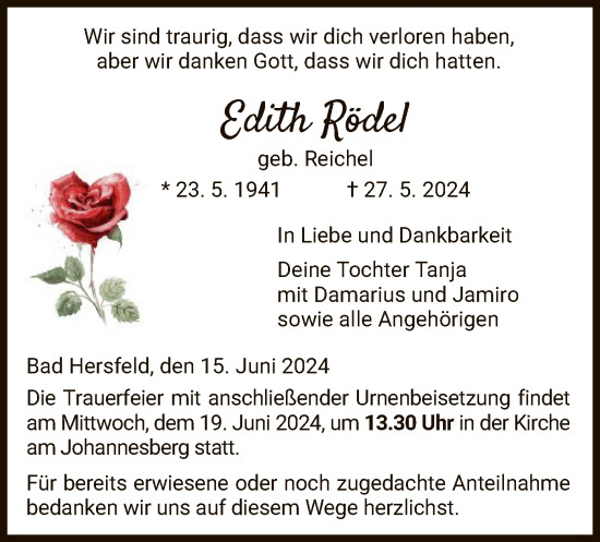 Todesanzeige von Edith Rödel von HZ