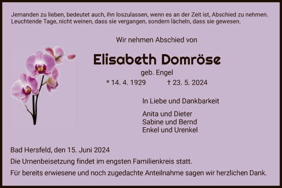 Todesanzeige von Elisabeth Domröse von HZ