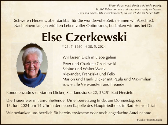 Todesanzeige von Else Czerkewski von HZ