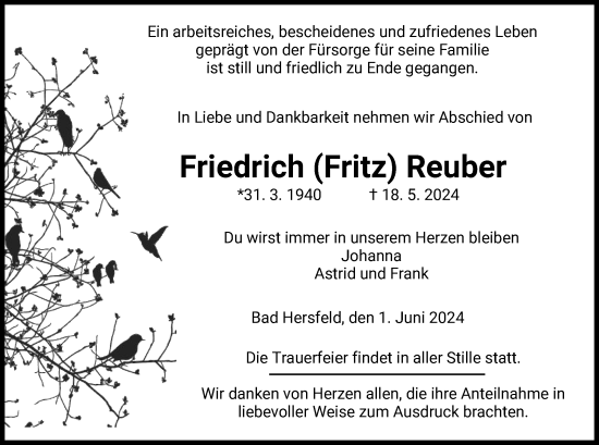 Todesanzeige von Friedrich Reuber von HZ