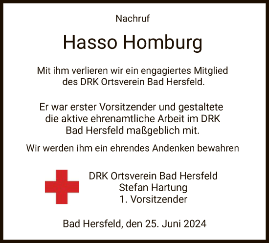 Todesanzeige von Hasso Homburg von HZ