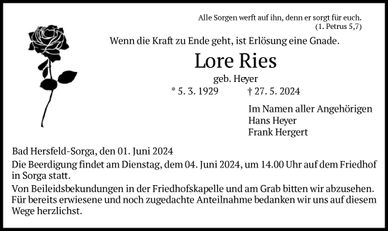 Todesanzeige von Lore Ries von HZ