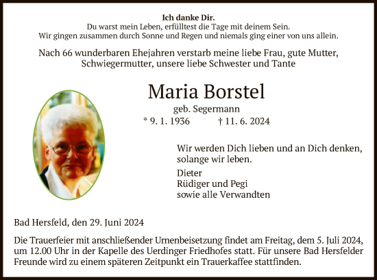 Todesanzeige von Maria Borstel von HZ