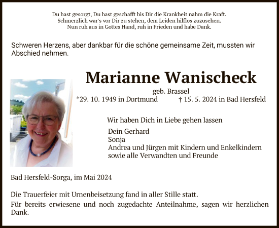 Todesanzeige von Marianne Wanischeck von HZHNA