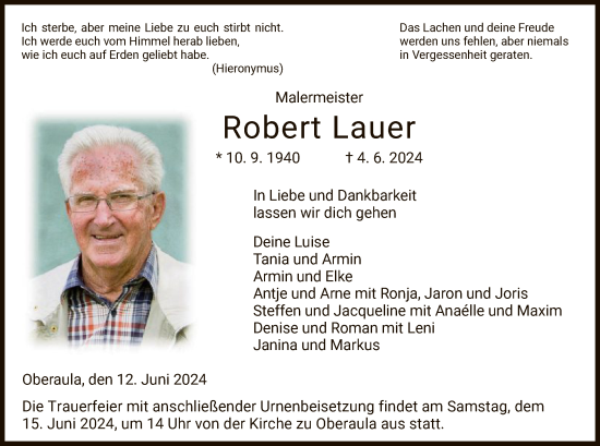 Todesanzeige von Robert Lauer von HZ