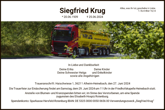 Todesanzeige von Siegfried Krug von HNAHNAHNAHZ