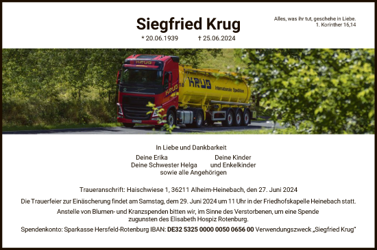 Todesanzeige von Siegfried Krug von HNAHNAHNAHZ